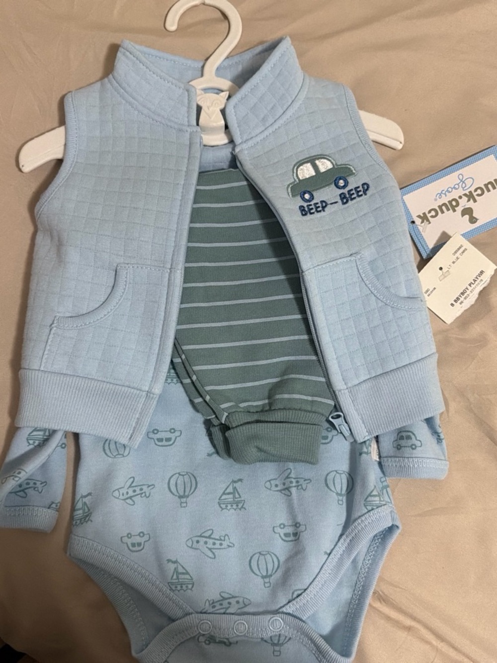 Light Blue Baby Vest & Bodysuit Set with Car Motif